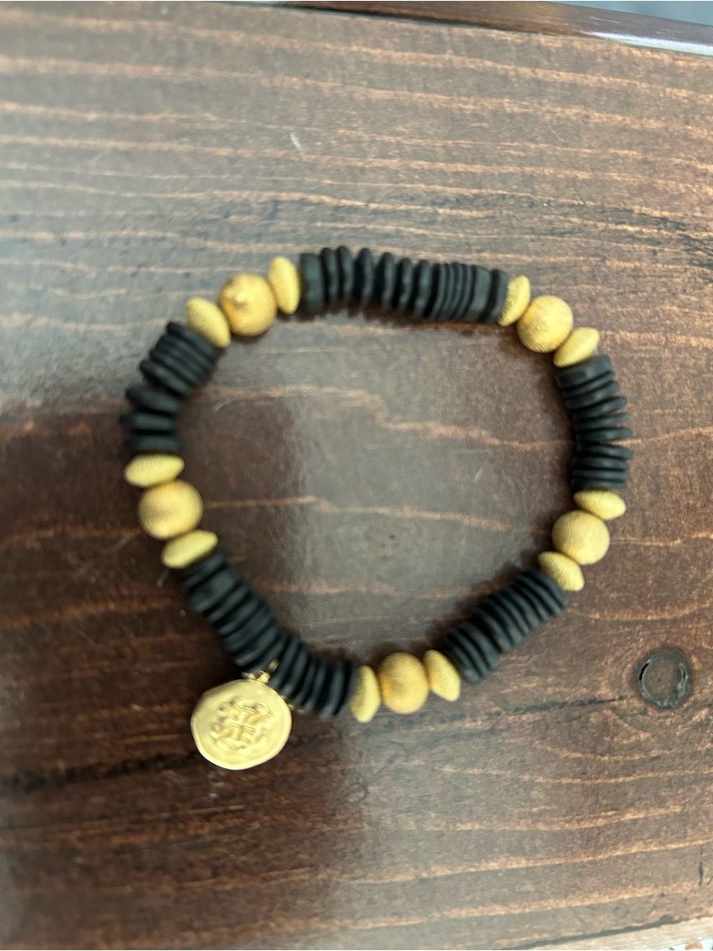 Rustic Cuff Black and Gold Disc Bead Stretch Bracelet